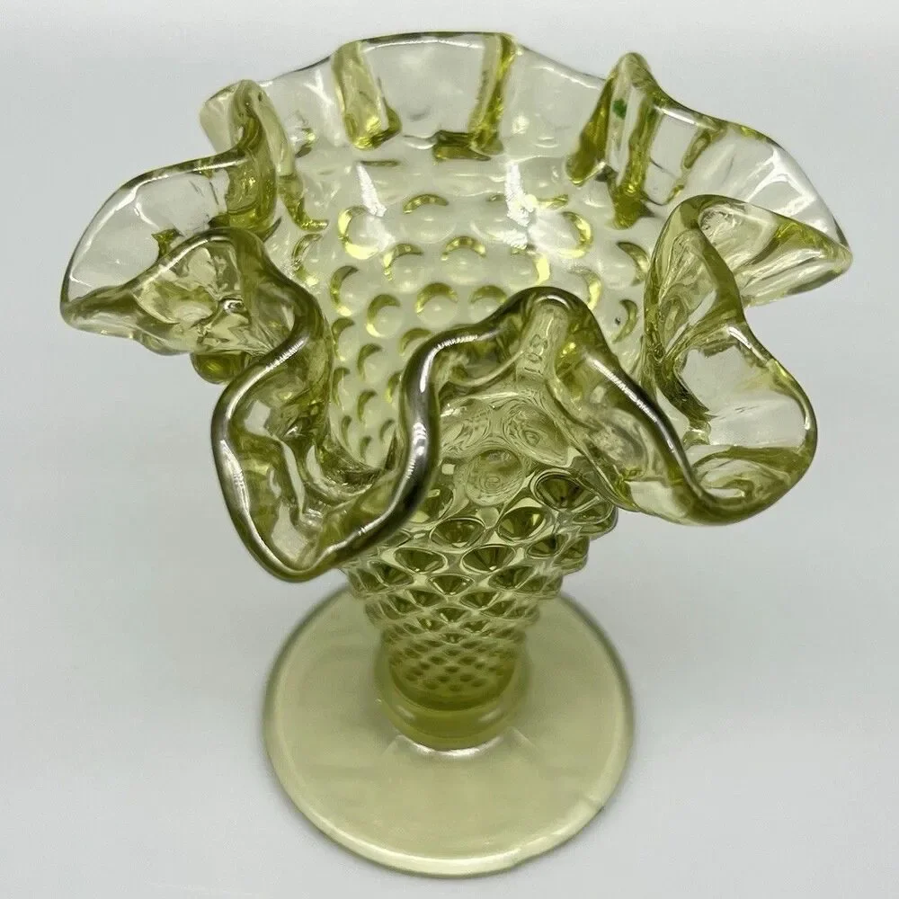 VTG Fenton Glass Hobnail Trumpet Vase Colonial Green 4” Ruffled Edge Footed 3952